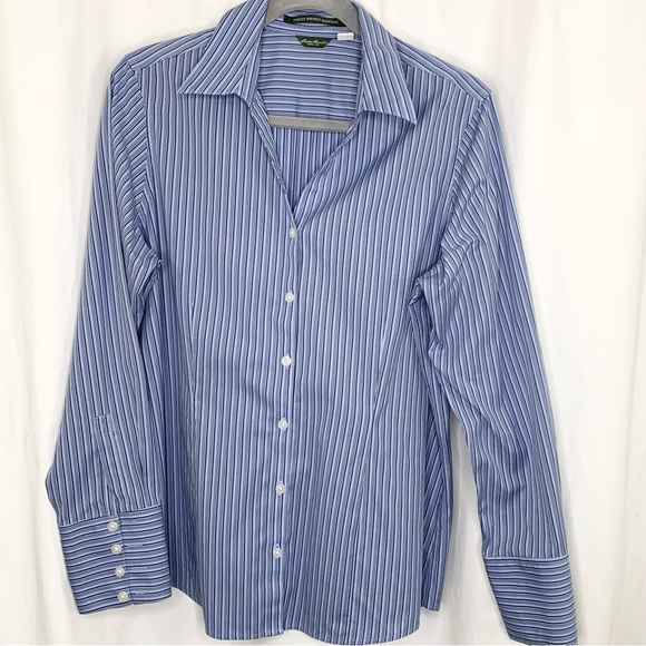 EDDIE BAUER Womens Blue Pinstriped Button Up Blouse Size L Excellent Condition! - Picture 1 of 7